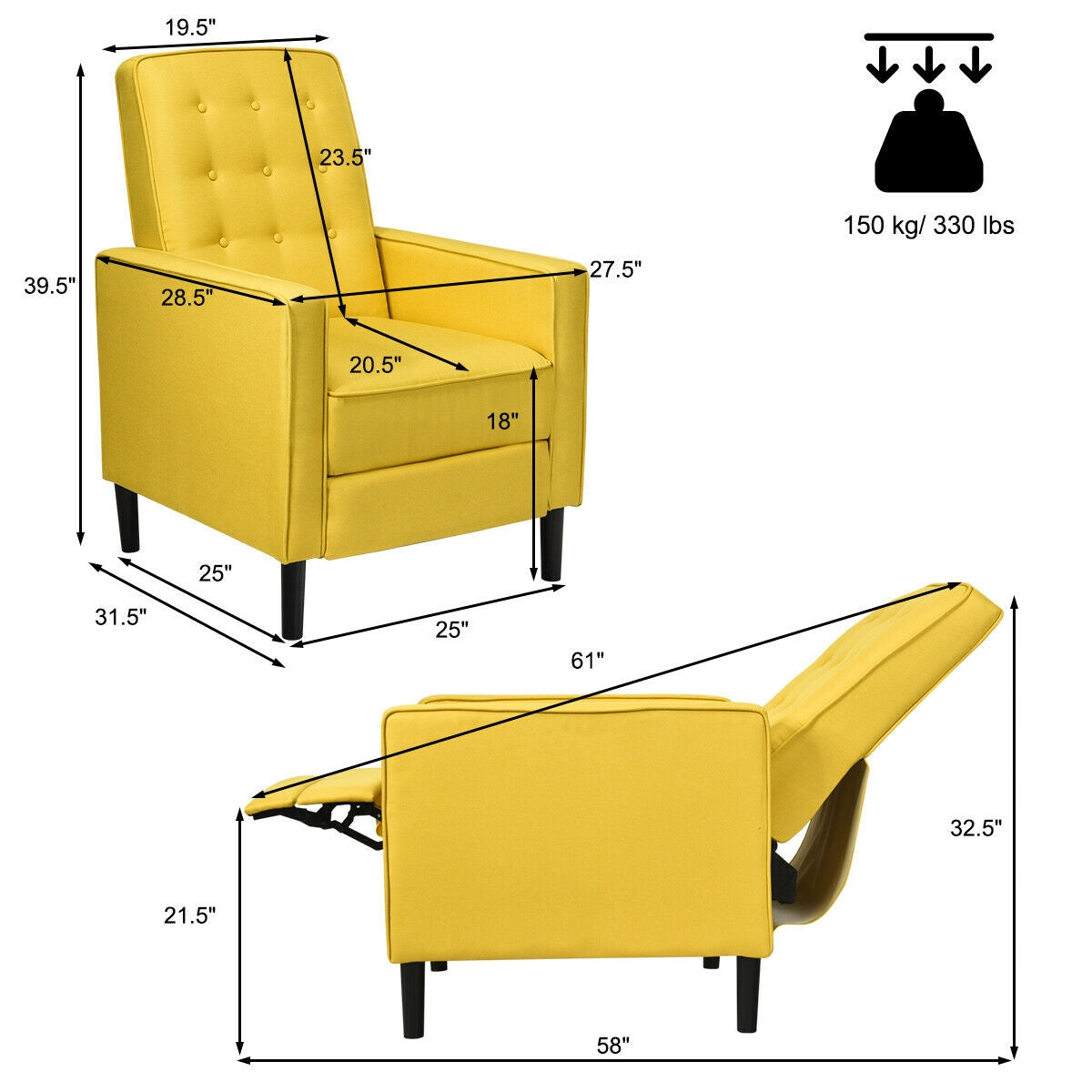 Mid-Century Push Back Recliner Chair -Yellow
