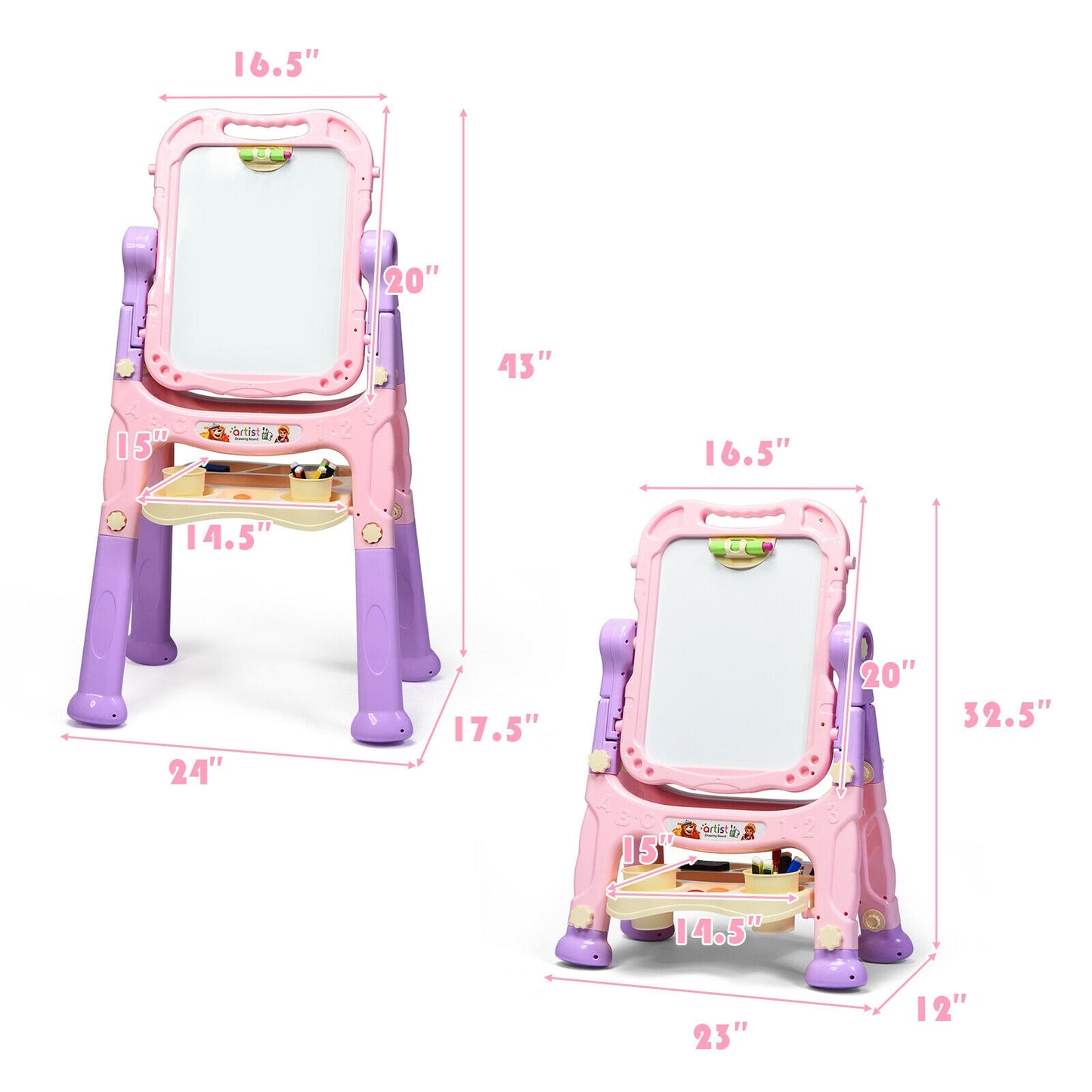 Height Adjustable Kids Art Easel Magnetic Double Sided Board-Pink - Pink