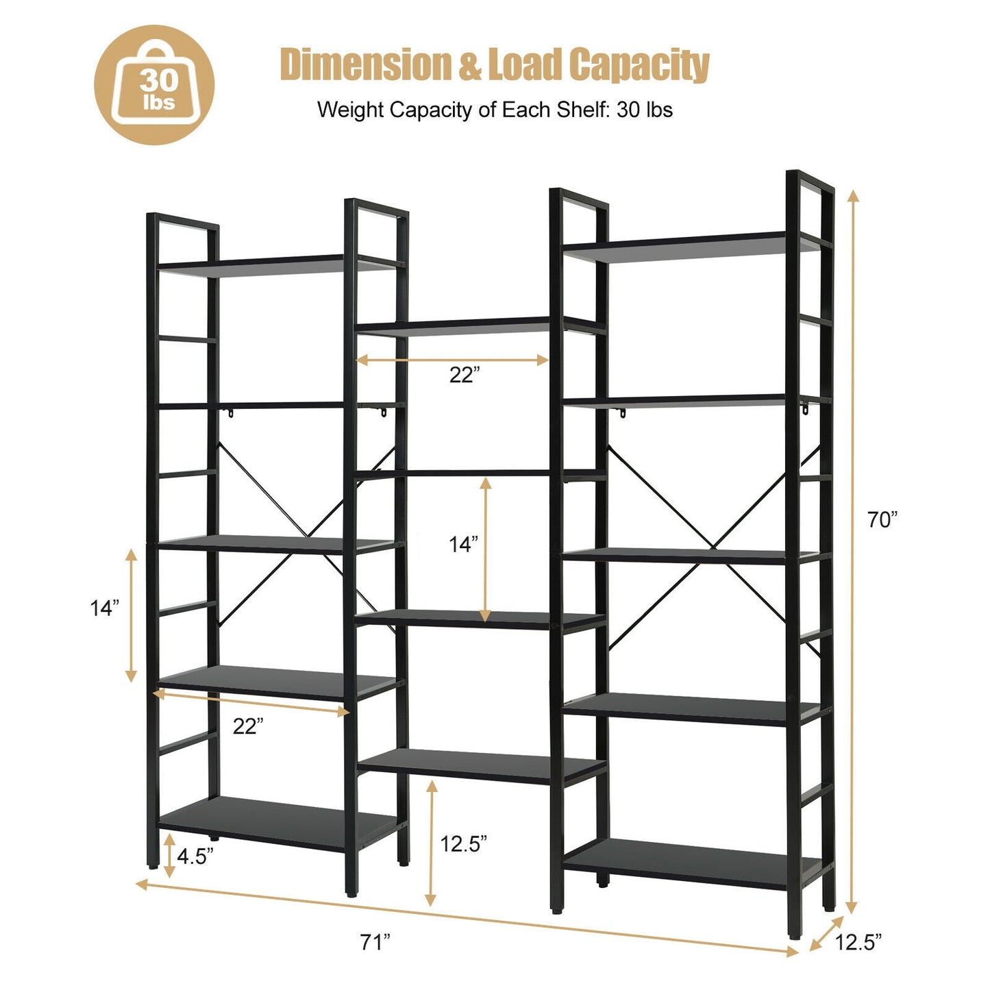 Vintage Triple Wide 5-Tier Bookcase Large Bookshelf Display Storage Shelf-Black