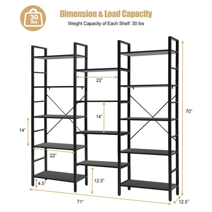 Vintage Triple Wide 5-Tier Bookcase Large Bookshelf Display Storage Shelf-Black