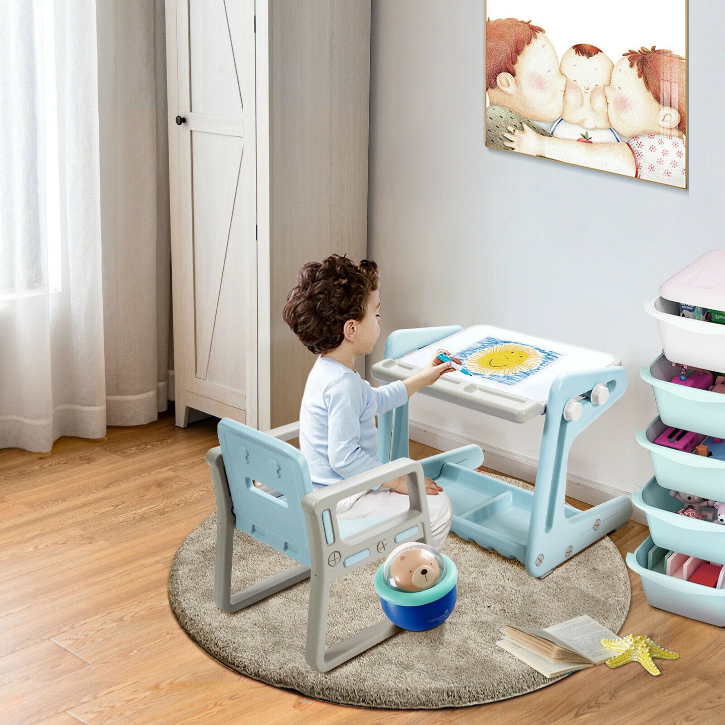 2 in 1 Kids Easel Table and Chair Set with Adjustable Art Painting Board-Blue