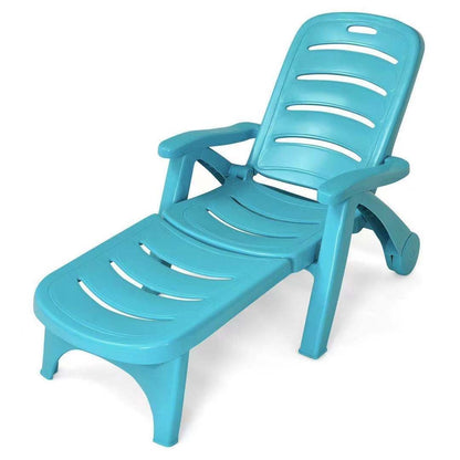 5 Position Adjustable Folding Lounger Chaise Chair on Wheels-Brown - Turquoise
