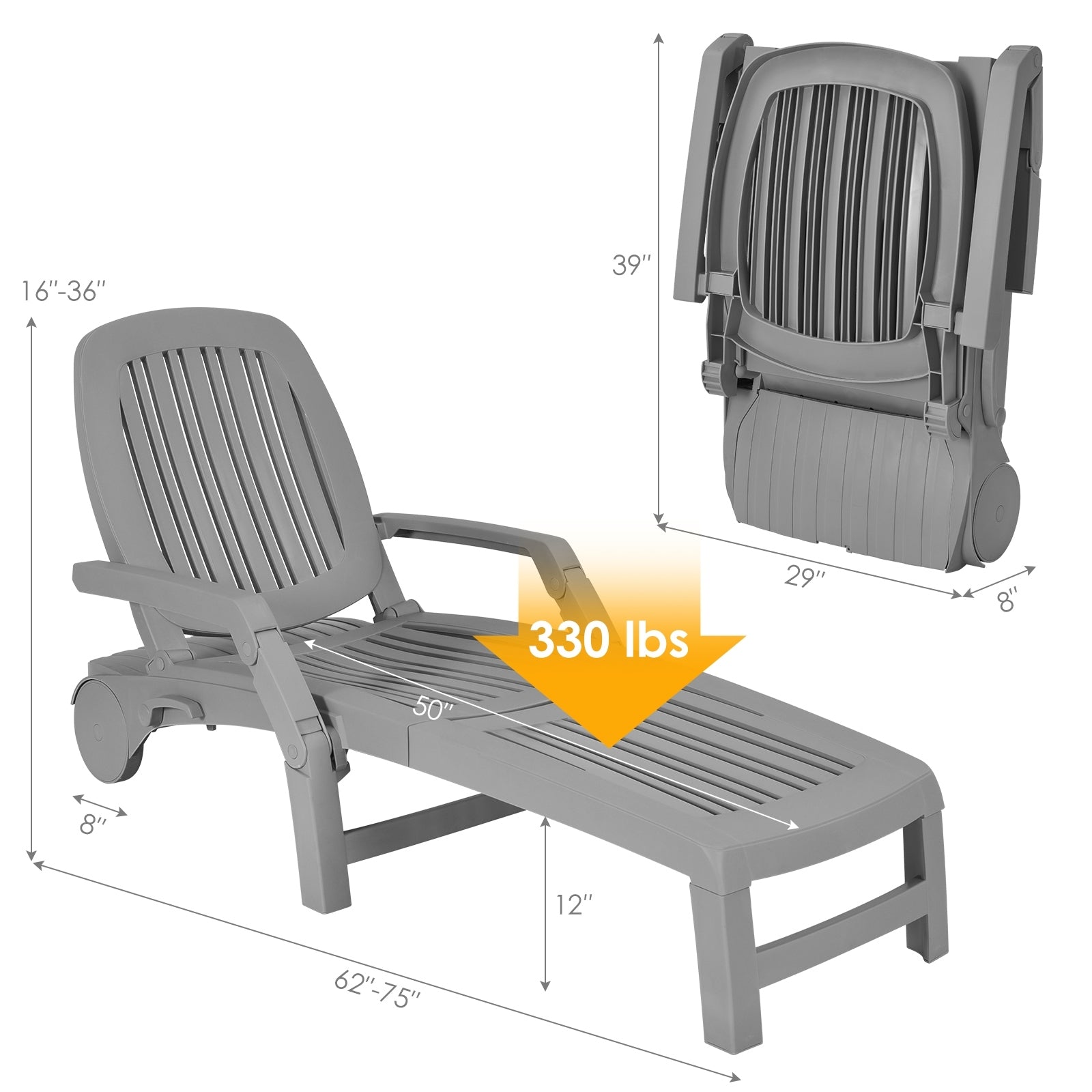 Adjustable Patio Sun Lounger with Weather Resistant Wheels-Black - Gray