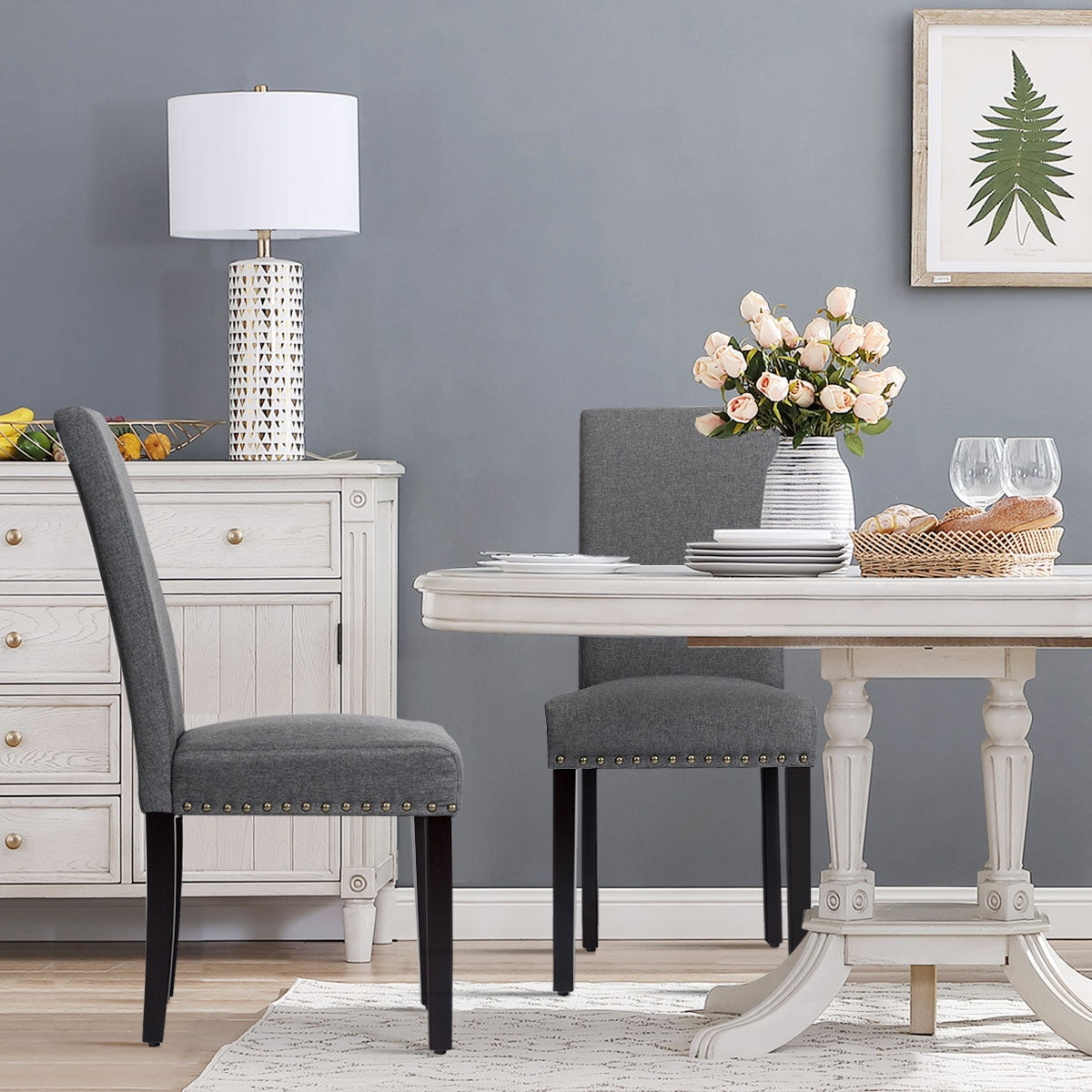 Set of 2 Fabric Upholstered Dining Chairs with Nailhead