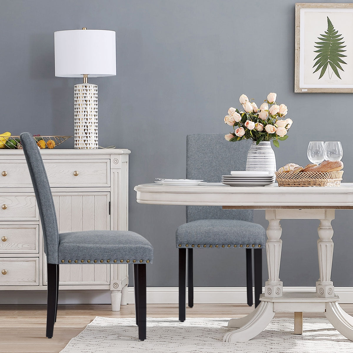 Set of 2 Fabric Upholstered Dining Chairs with Nailhead