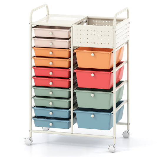 14-Drawer Rolling Storage Cart with Metal Tabletop and Pegboard