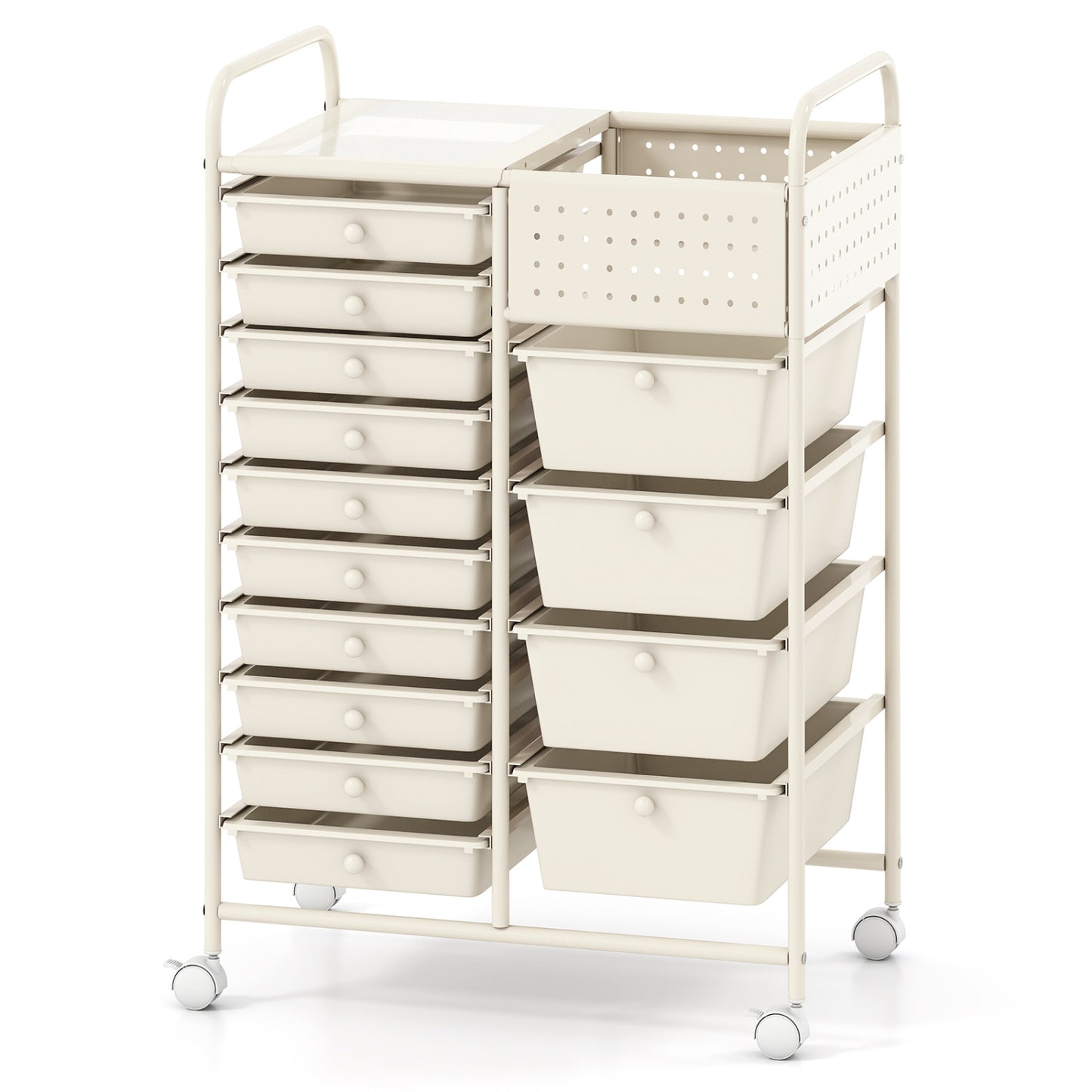 14-Drawer Rolling Storage Cart with Metal Tabletop and Pegboard