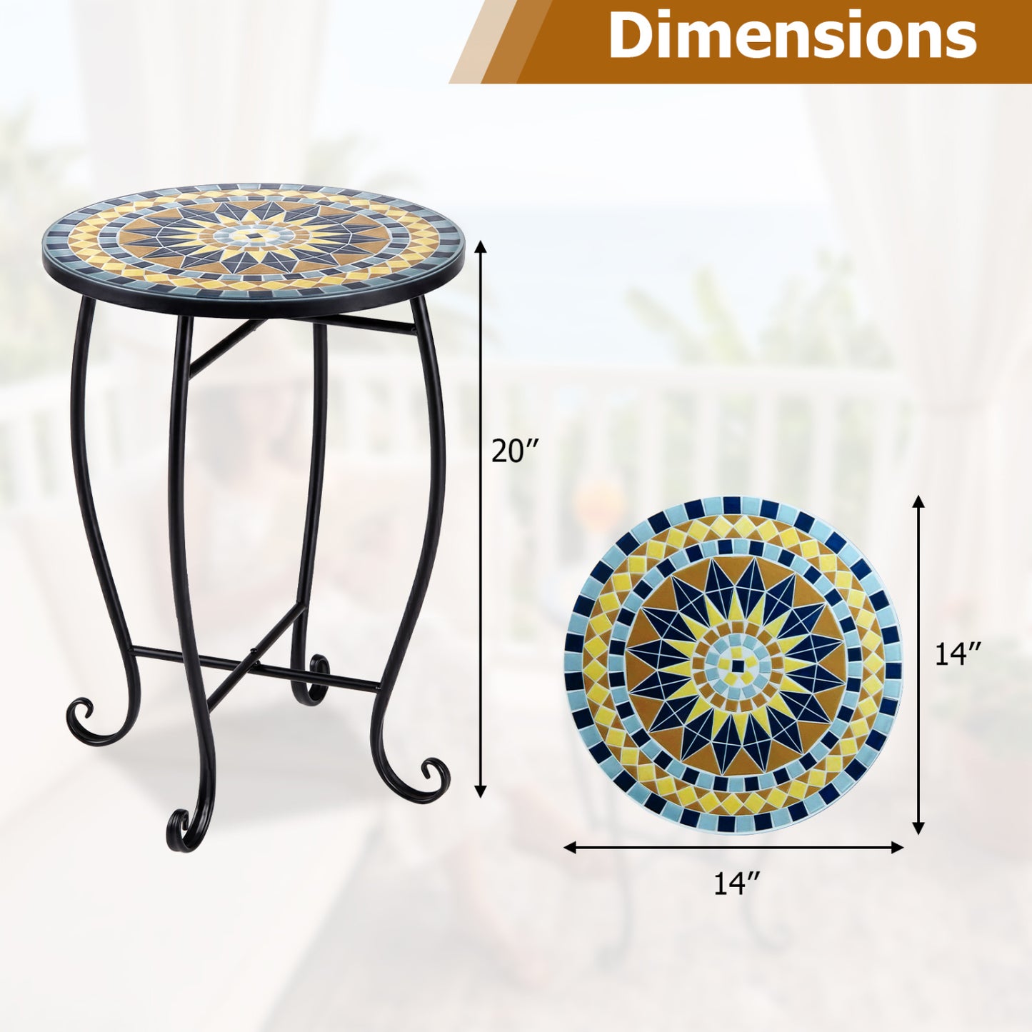 14" Mosaic Patio Accent Table with Metal Frame