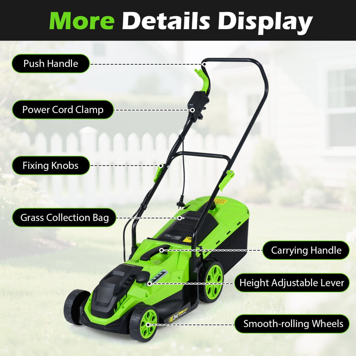 14-Inch Corded Electric Lawn Mower with 5-Position Height Adjust
