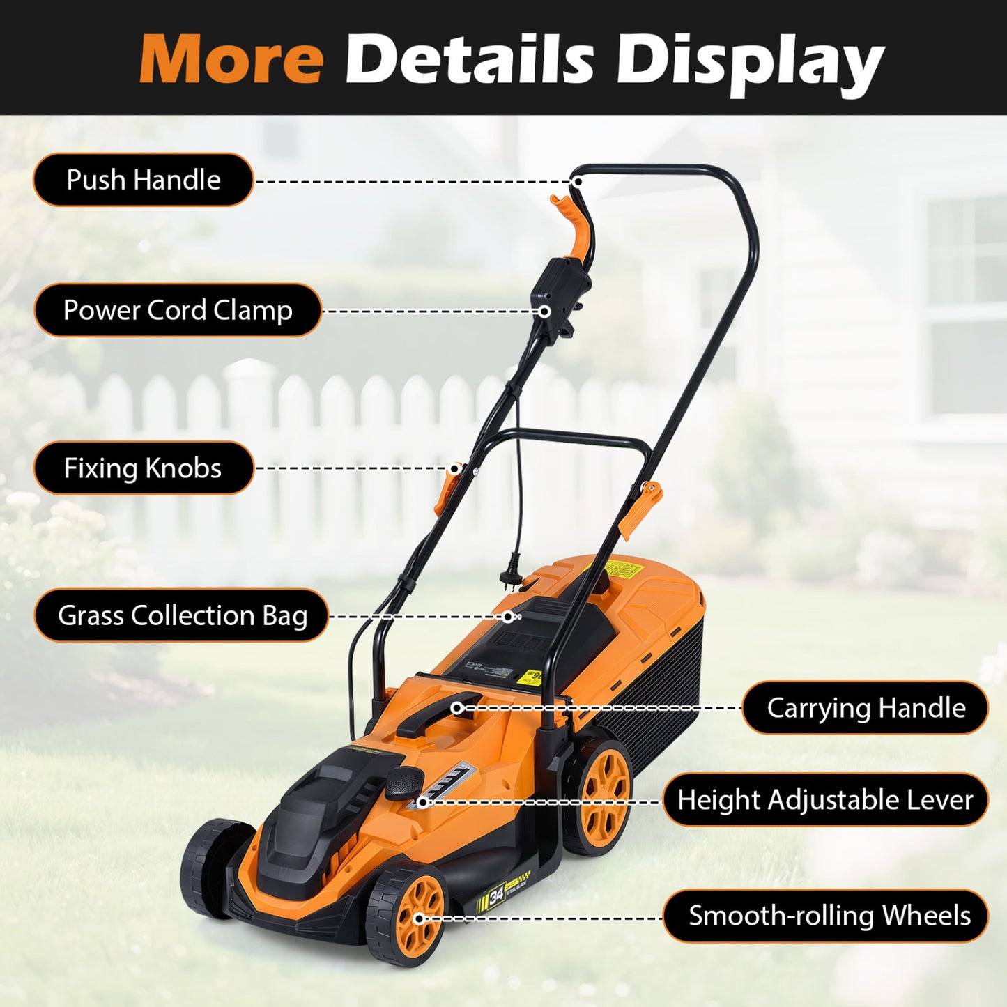 14-Inch Corded Electric Lawn Mower with 5-Position Height Adjust