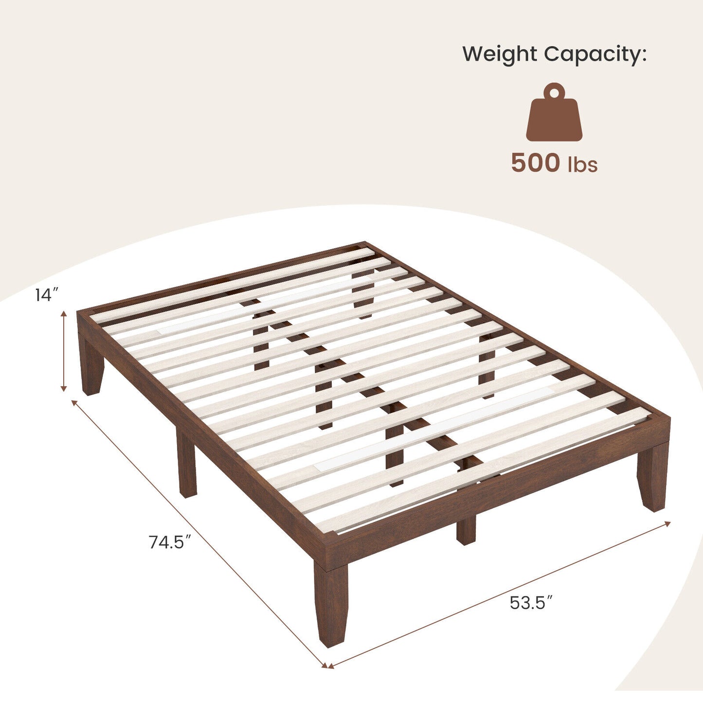 14 Inch Full Size Wood Platform Bed Frame with Wood Slat Support