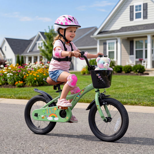 14 Inch Girls Bike with Training Wheels and Basket - Green
