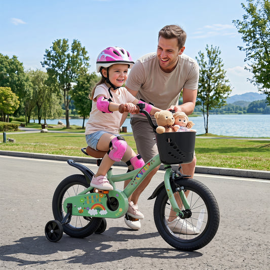 14 Inch Girls Bike with Training Wheels and Basket - Green