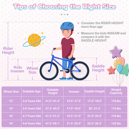 Kids Bike 12-20 Inch with Training Wheels & Basket Purple