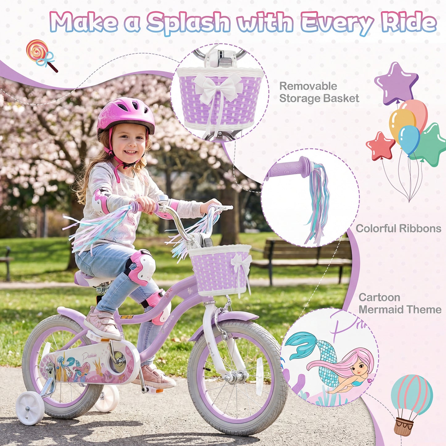 Kids Bike 12-20 Inch with Training Wheels & Basket Purple