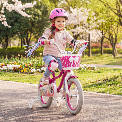Kids Bike 18-Inch with Training Wheels and Basket Rose Red