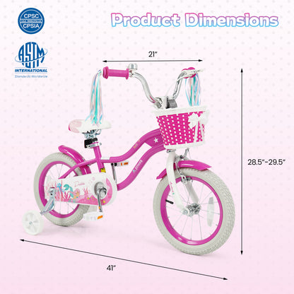 Kids Bike 18-Inch with Training Wheels and Basket Rose Red