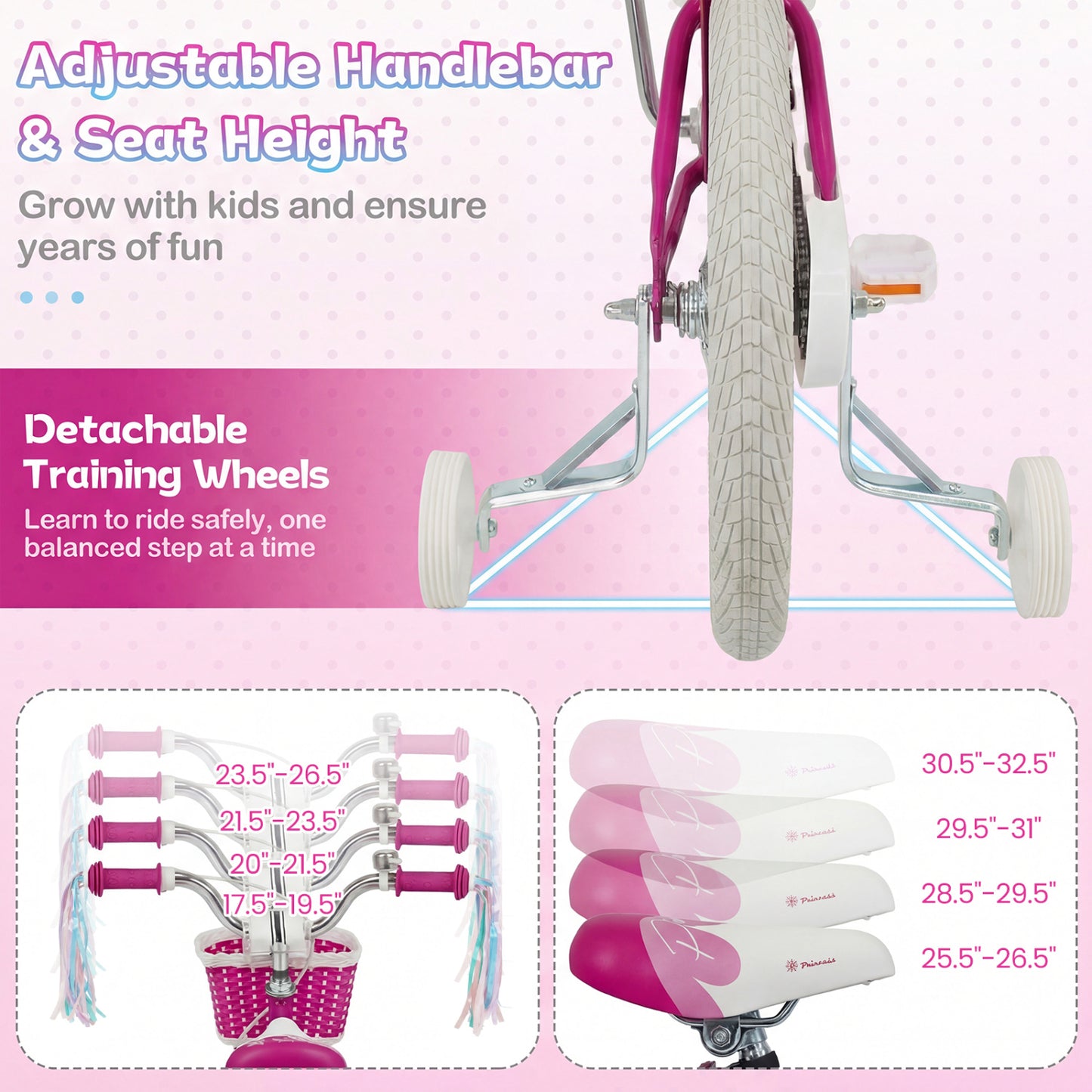 Kids Bike 18-Inch with Training Wheels and Basket Rose Red