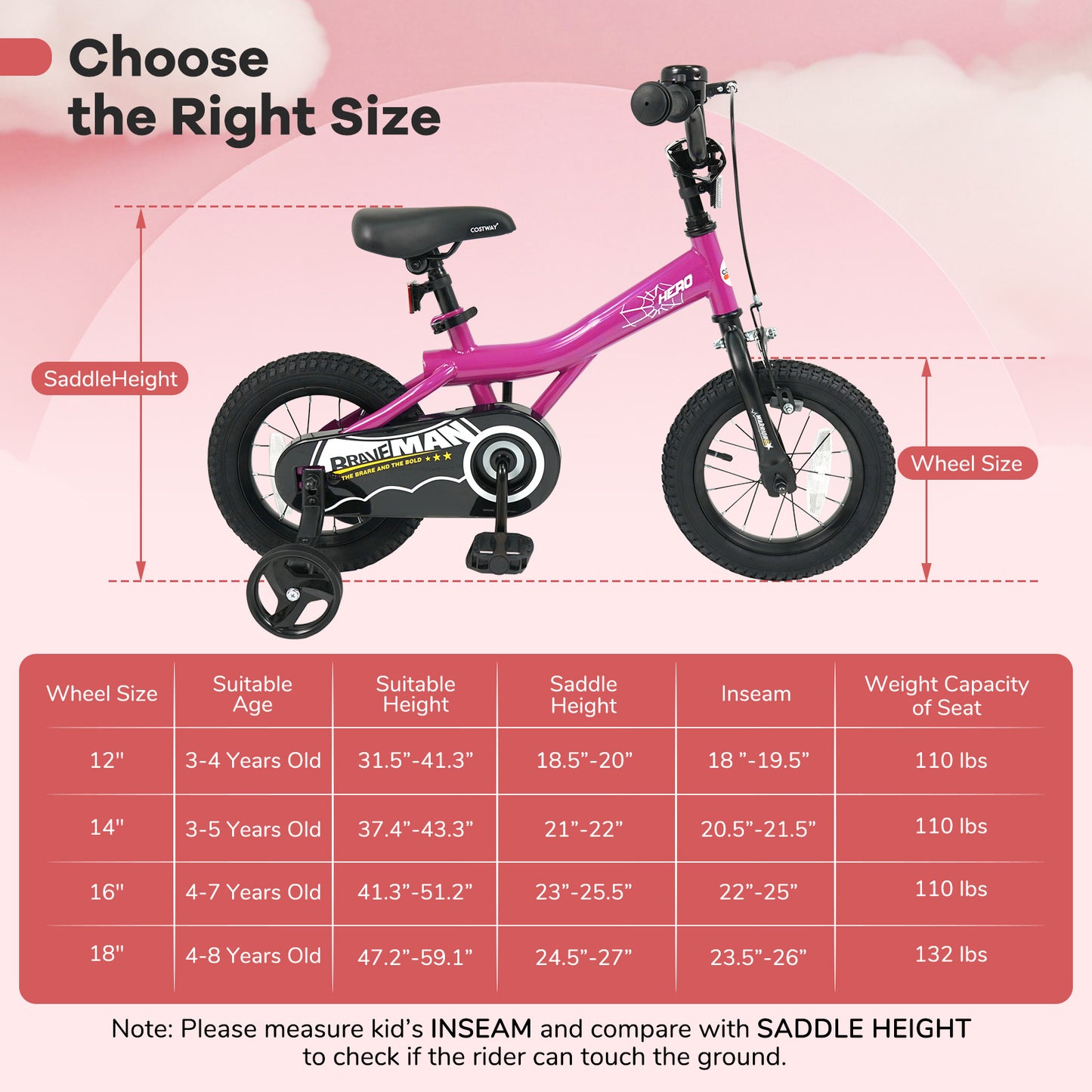 Kids Bike 14-Inch with Removable Training Wheels Pink