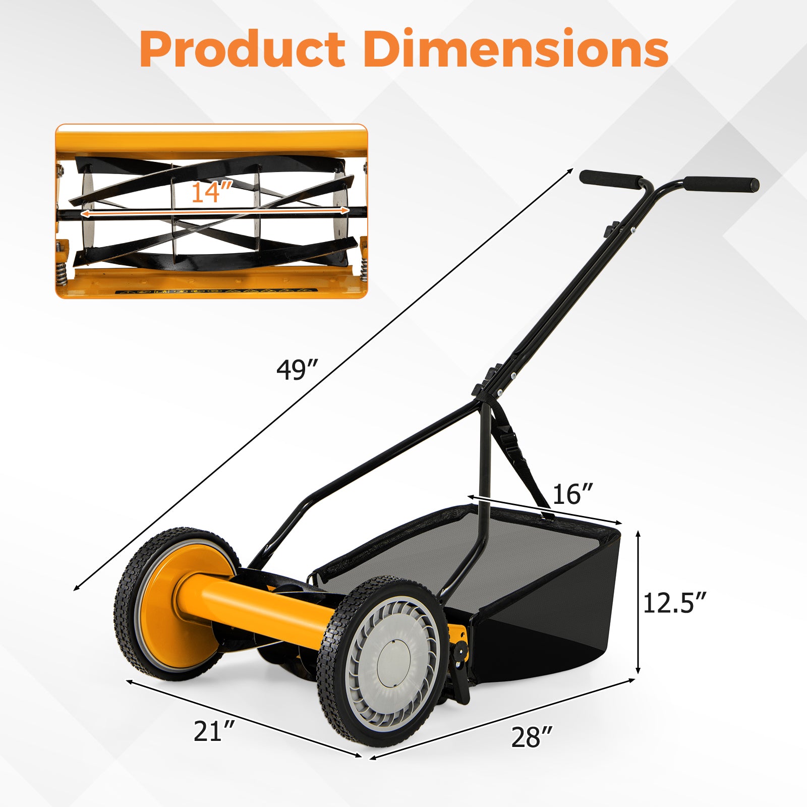 14 Inch Push Lawn Mower with 5 Steel Blades and Grass Catcher Bag-Orange