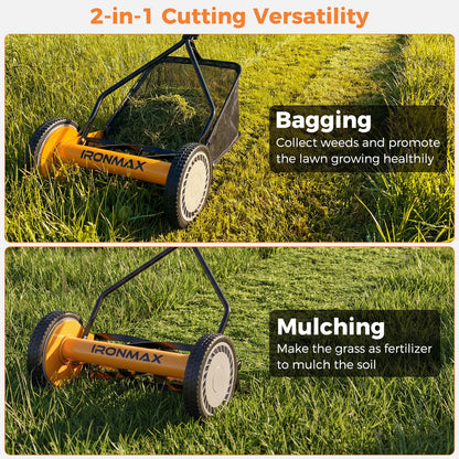 14 Inch Push Lawn Mower with 5 Steel Blades and Grass Catcher Bag-Orange