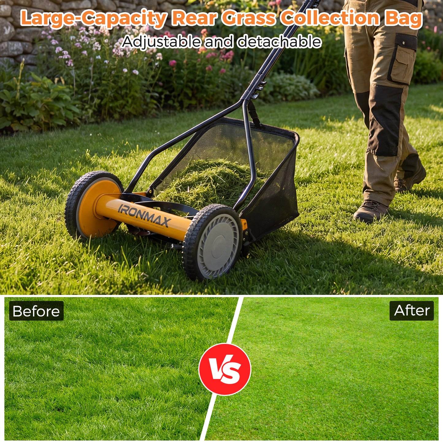 14 Inch Push Lawn Mower with 5 Steel Blades and Grass Catcher Bag-Orange