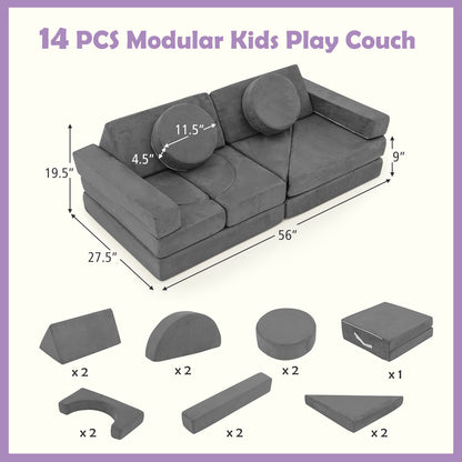 14 PCS Modular Kids Play Couch for Playroom and Bedroom-Gray