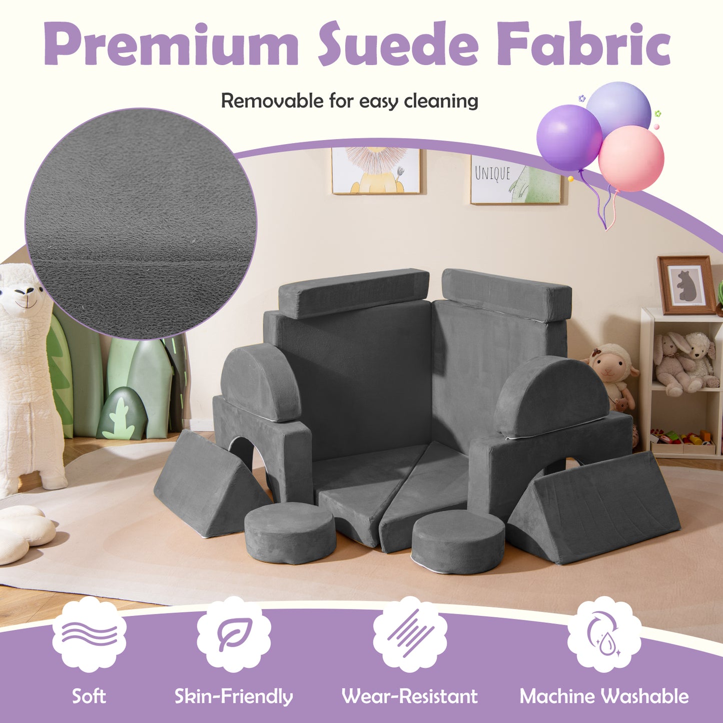 14 PCS Modular Kids Play Couch for Playroom and Bedroom-Gray