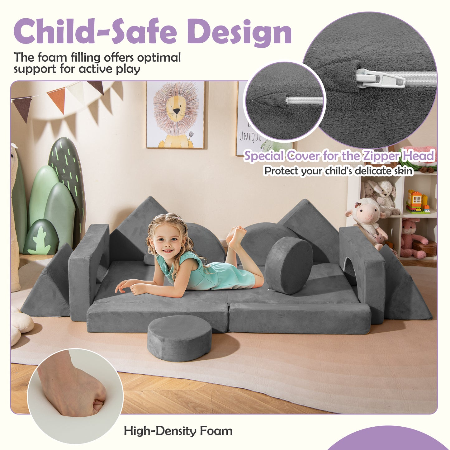 14 PCS Modular Kids Play Couch for Playroom and Bedroom-Gray