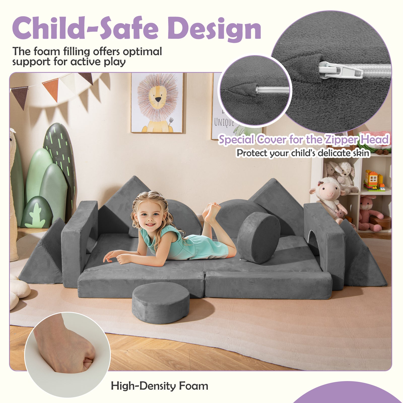 14 PCS Modular Kids Play Couch for Playroom and Bedroom-Gray