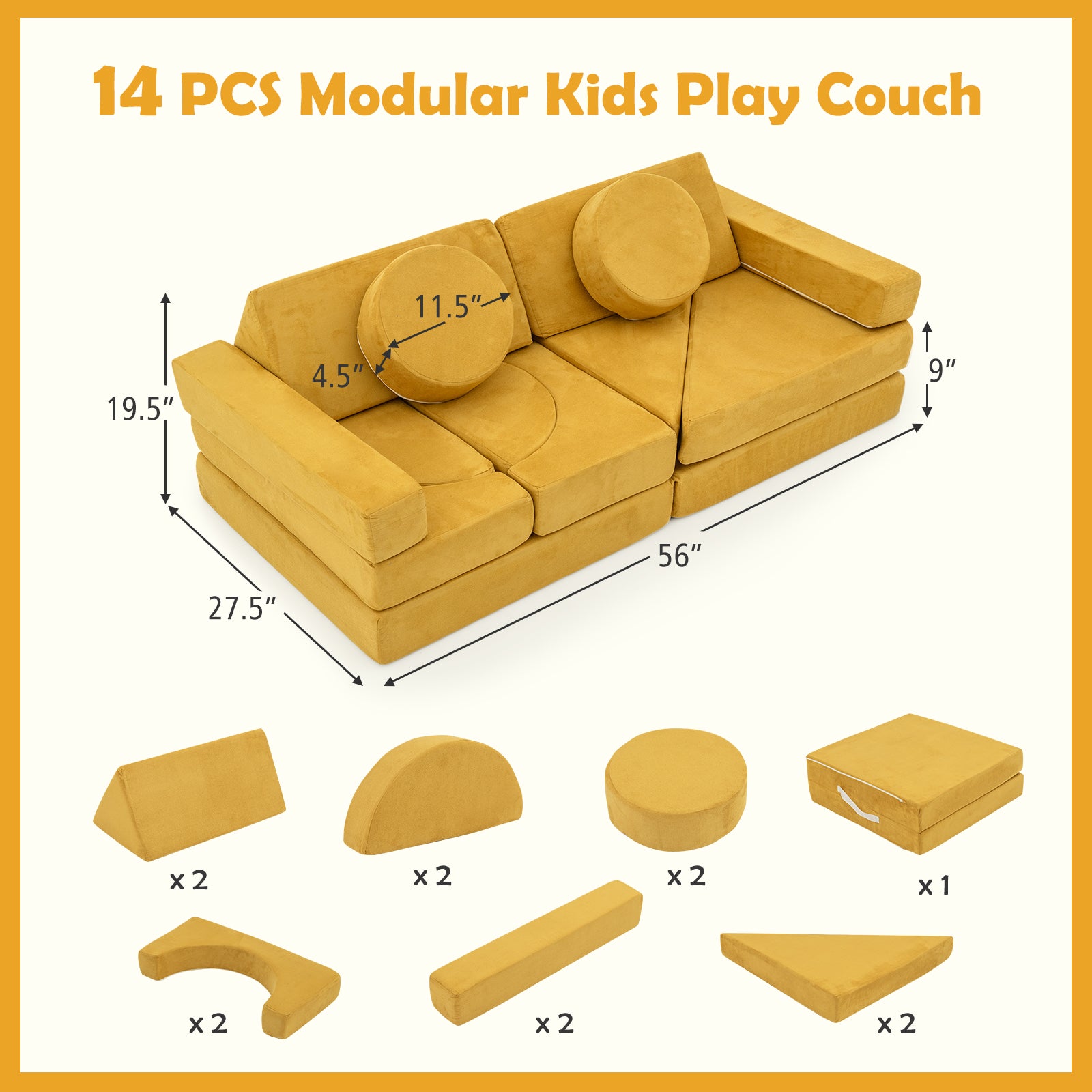14 PCS Modular Kids Play Couch for Playroom and Bedroom-Yellow