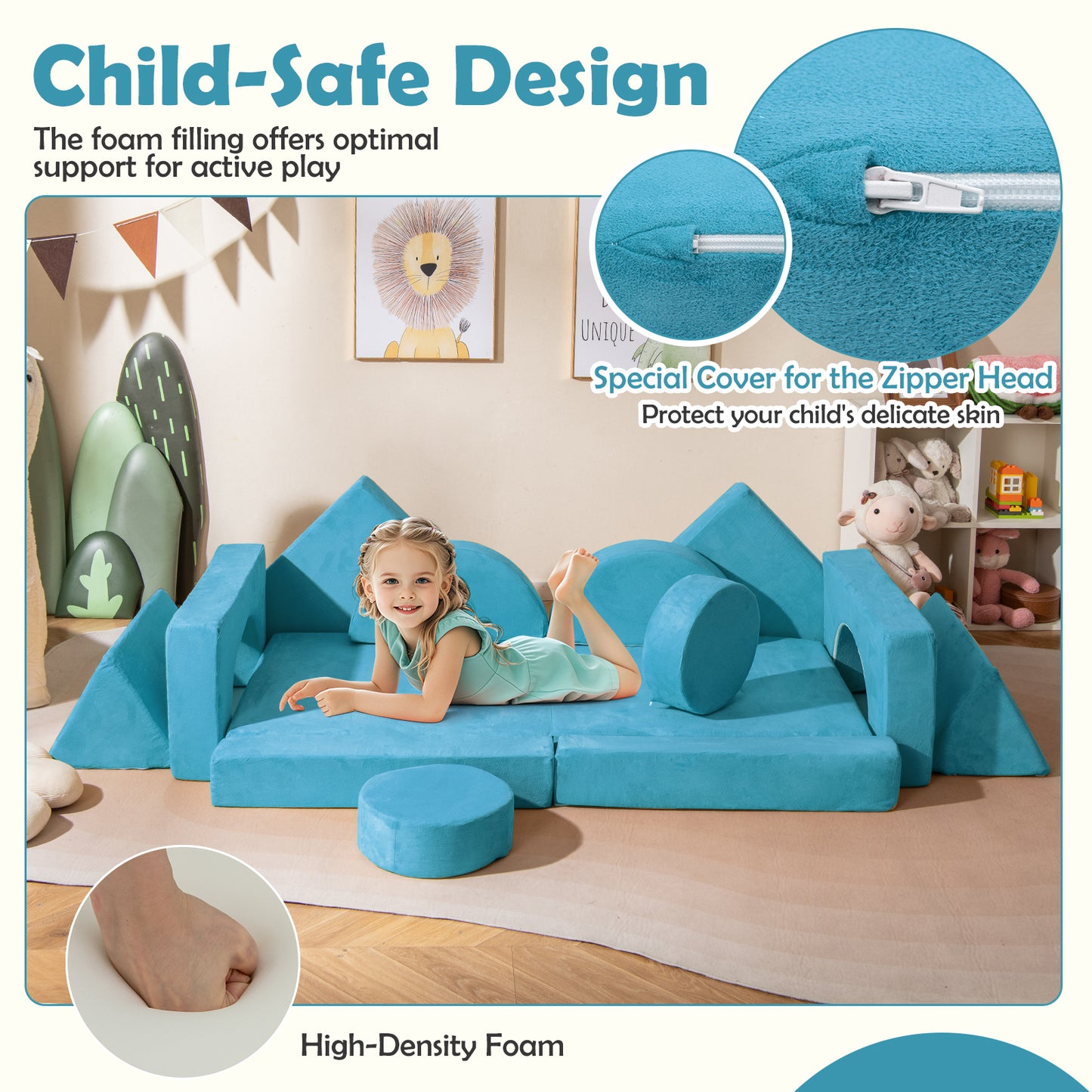 14 PCS Modular Kids Play Couch for Playroom and Bedroom-Blue