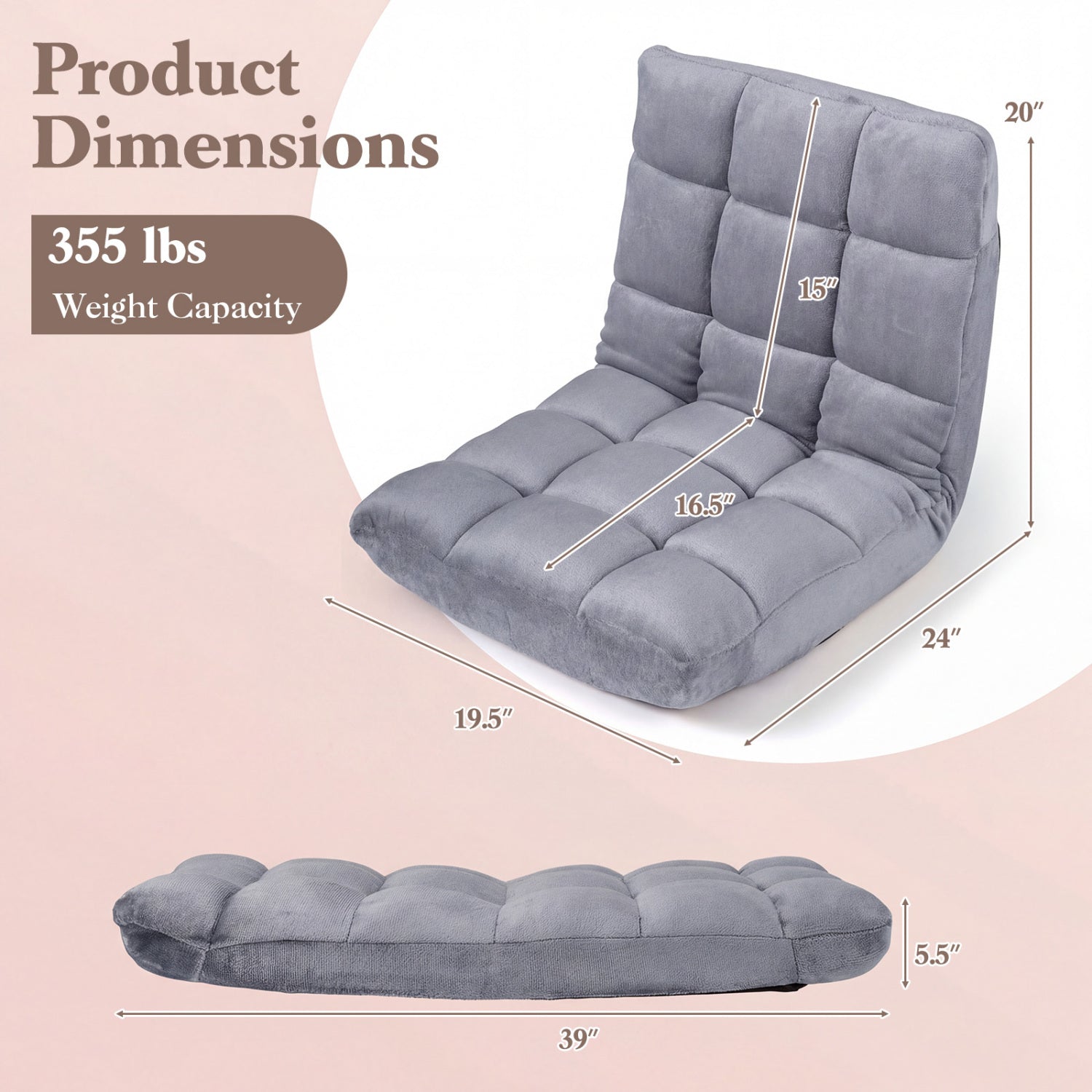 Adjustable 14-position Cushioned Floor Chair-Beige - Light Gray