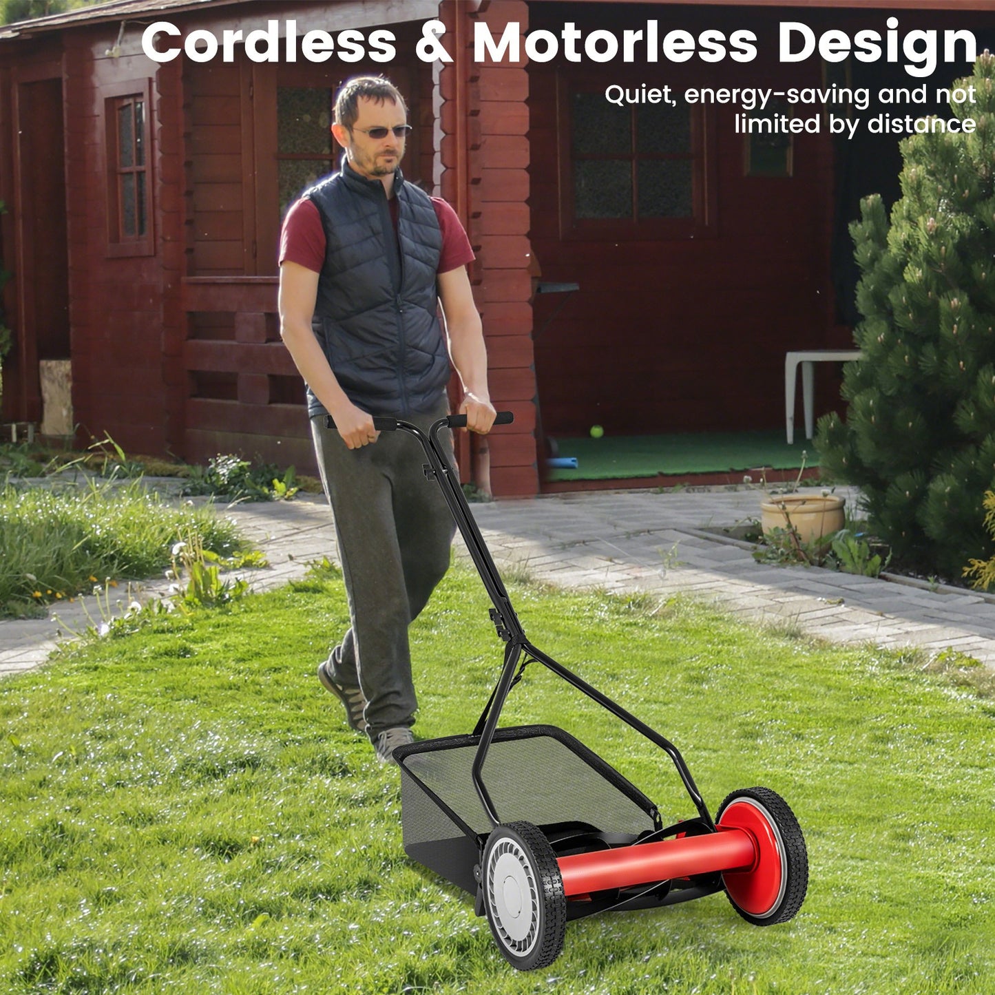 14 Inch Push Lawn Mower with 5 Steel Blades and Grass Catcher Bag-Red