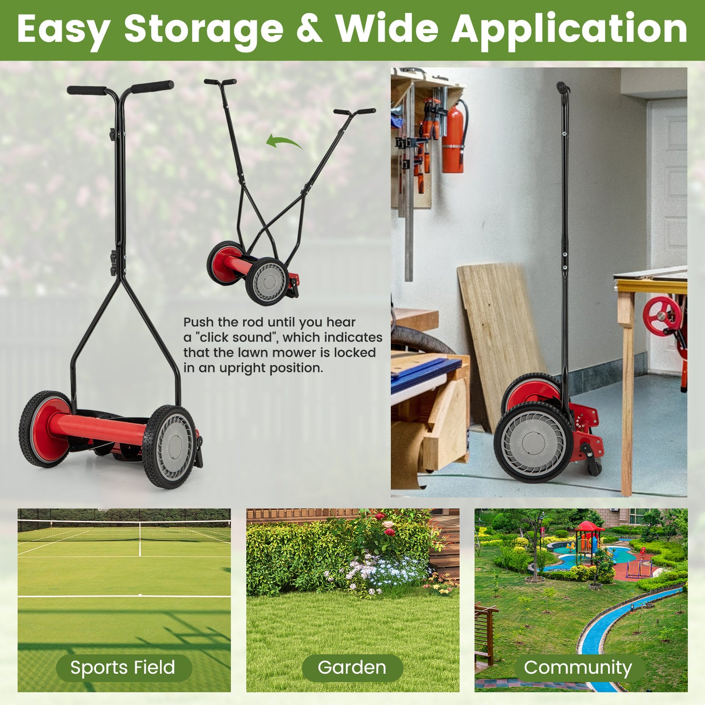 14 Inch Push Lawn Mower with 5 Steel Blades and Grass Catcher Bag-Red