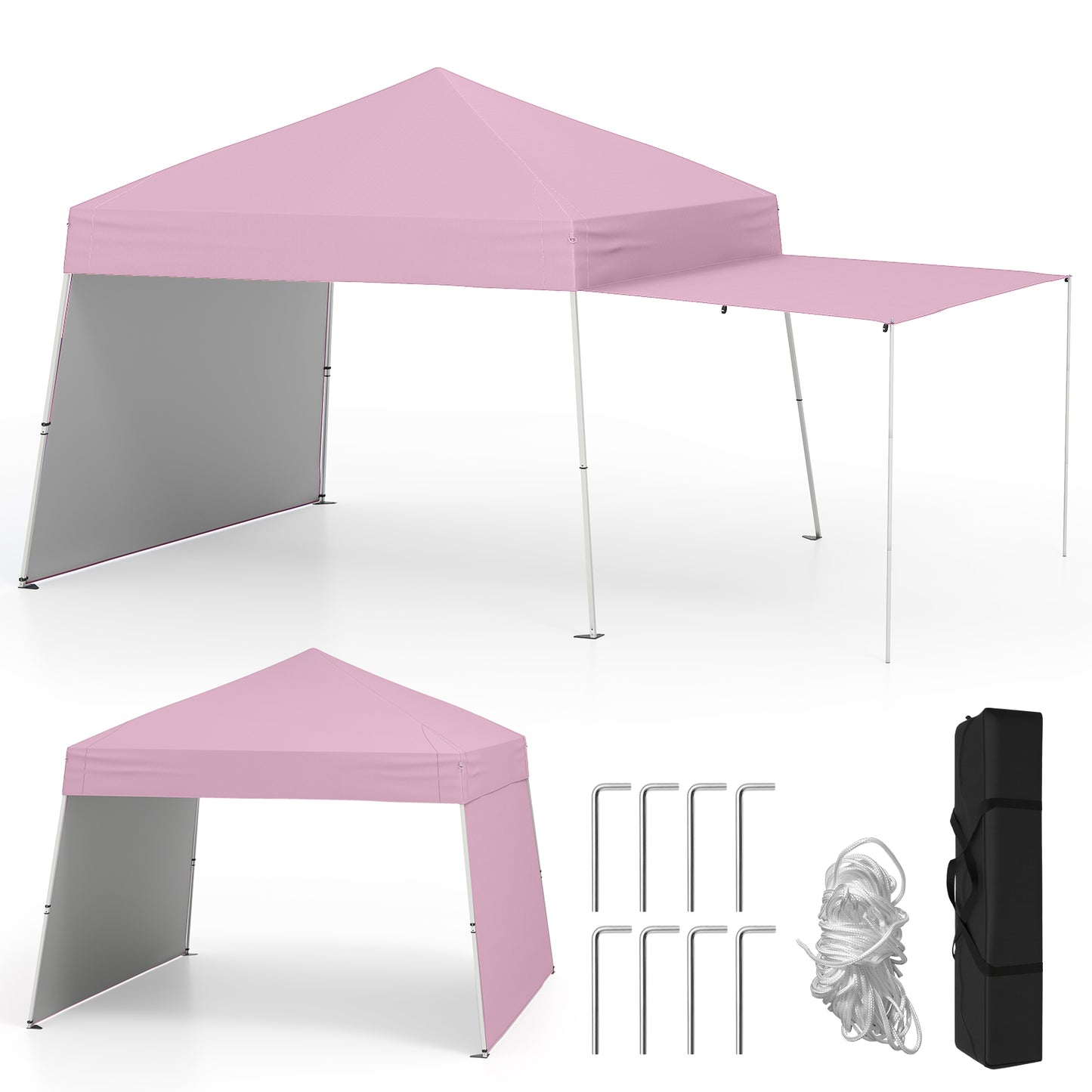 14 x 9.2 Feet Pop up Canopy Tent with 2 Convertible Sidewalls to Awning and Stakes-Pink - Pink