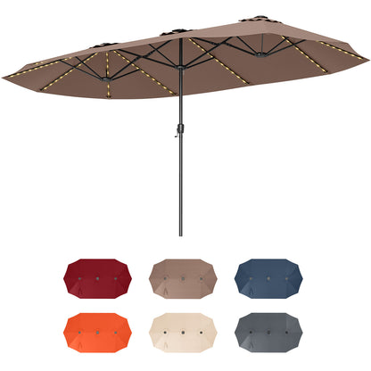 15.5 FT Extra-Large Patio Umbrella with LED Solar Lights and Crank Handle-Navy - Brown