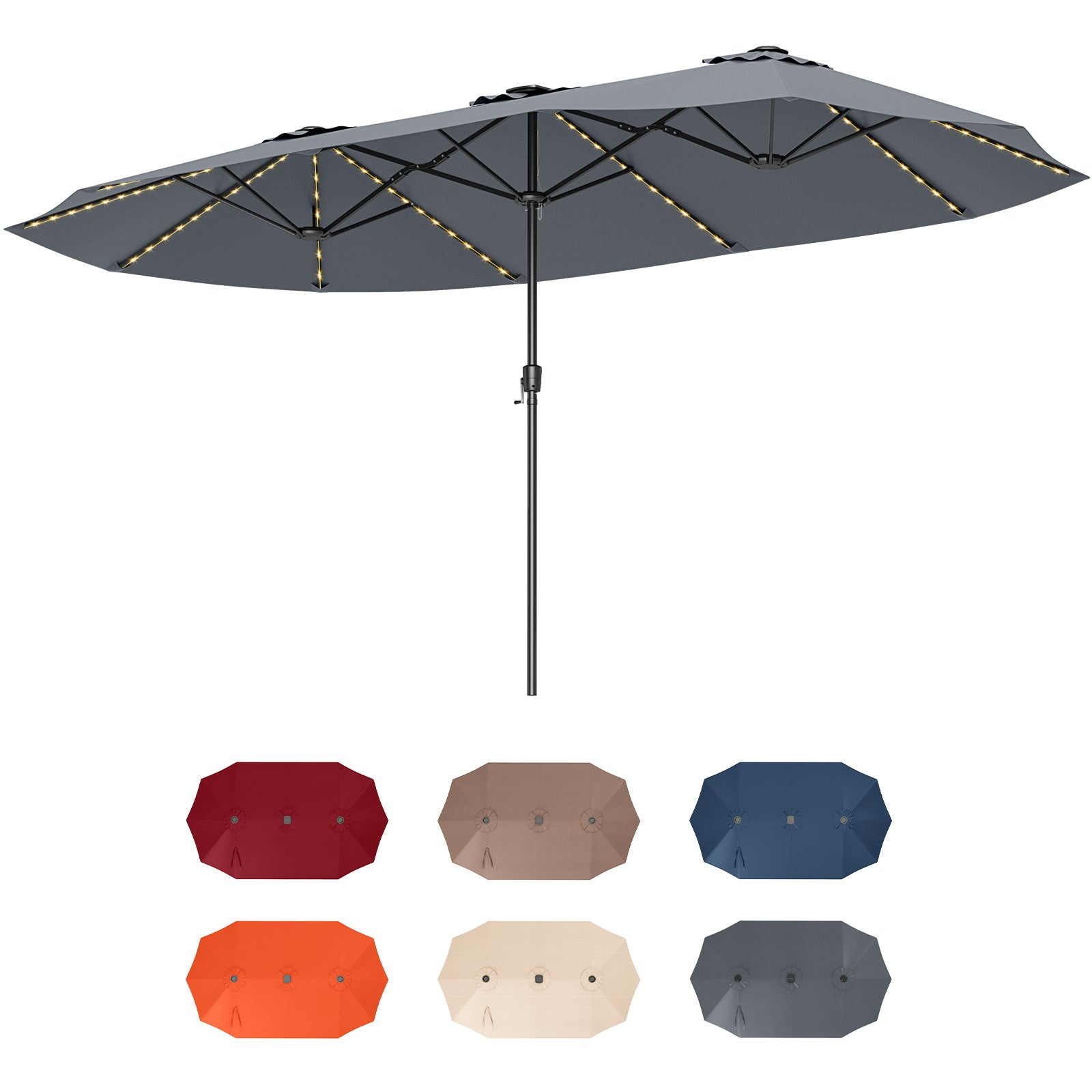 15.5 FT Extra-Large Patio Umbrella with LED Solar Lights and Crank Handle-Navy - Gray