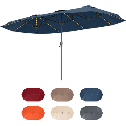 15.5 FT Extra-Large Patio Umbrella with LED Solar Lights and Crank Handle-Navy - Navy