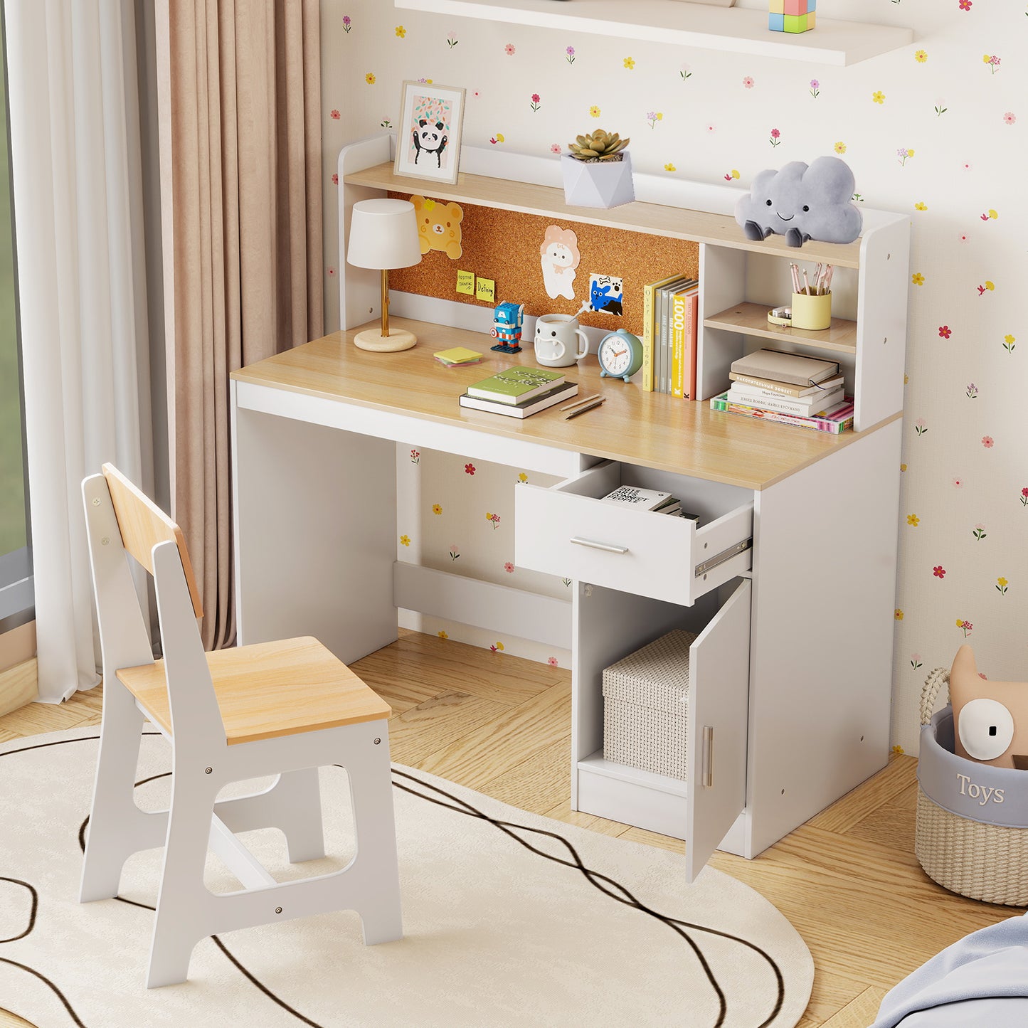 Kids Study Desk and Chair Set Student Table and Chair-Natural