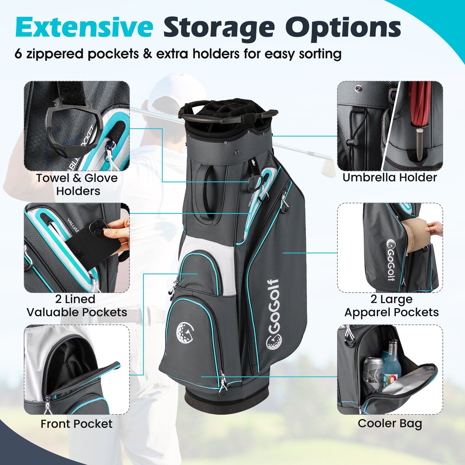 Golf Cart Bag Lightweight Portable Golf Club Organizer Bag-Gray