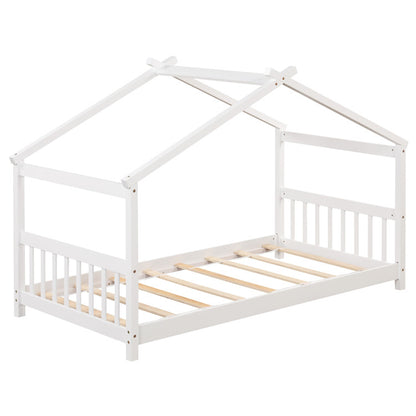 3-Piece Kid‚Äôs Room Bundle: Twin Size Wooden House Bed + Kid's Table and Chairs Set + Kids 2-Shelf Bookcase