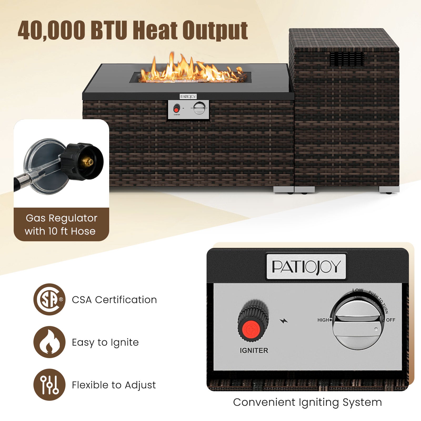 2-Piece Outdoor Rattan Fire Table Set 32 Inch Rectangle Gas Firepit with Tank Cover-Brown