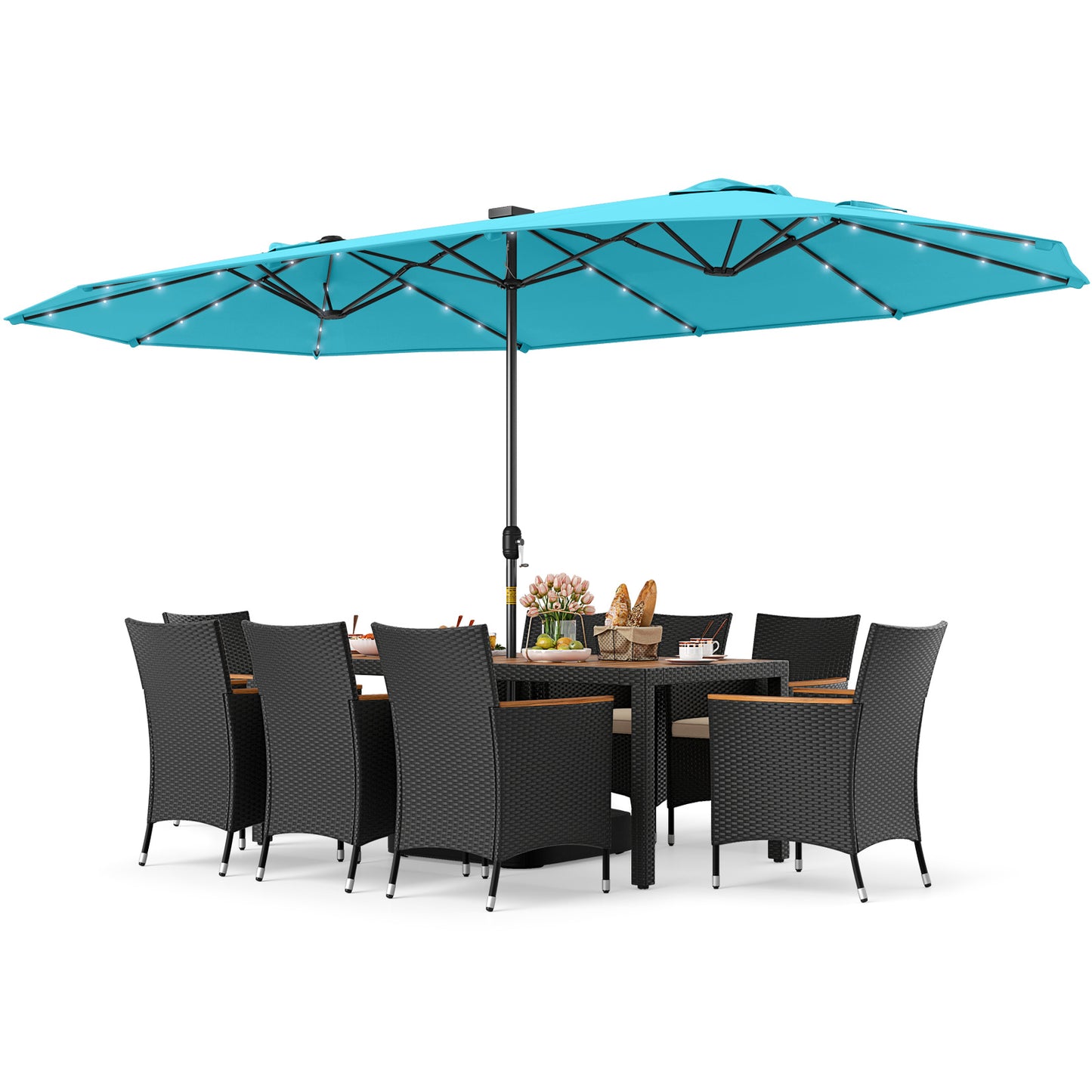 11 Pieces Patio Dining Set with LED Patio Umbrella with Base and Seat Cushions (Beige)-Turquoise
