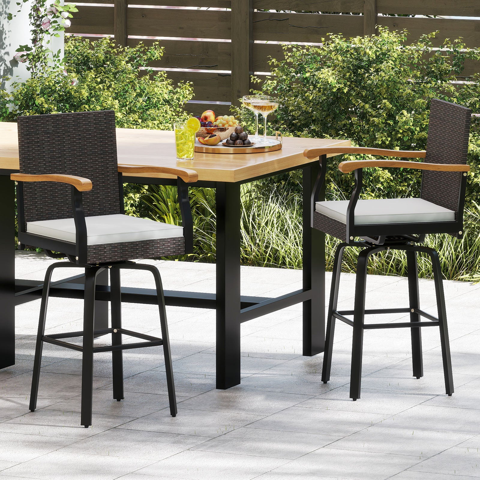 Set of 4 Outdoor 360¬∞ Swivel Bar Stool with Cushion and Acacia Wood Armrests