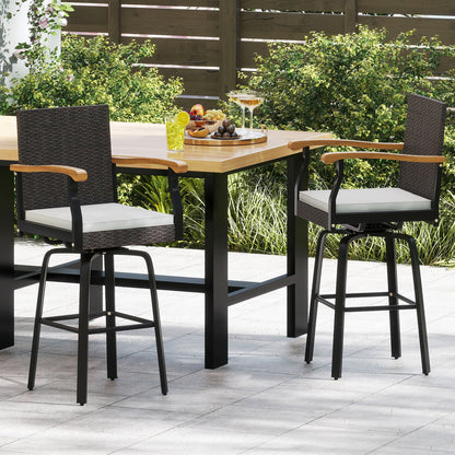 Set of 4 Outdoor 360¬∞ Swivel Bar Stool with Cushion and Acacia Wood Armrests