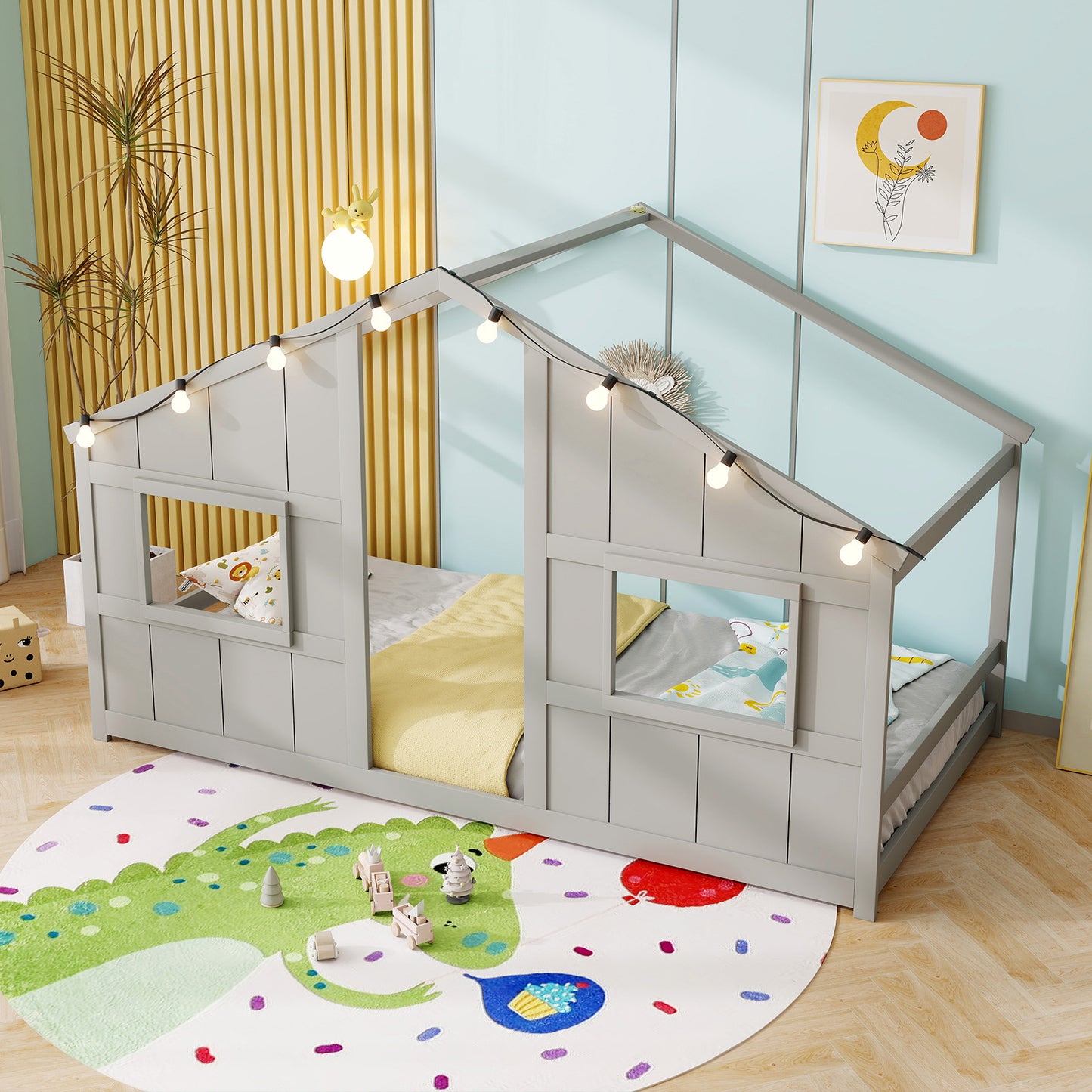 Twin Size House Bed with LED Lights Montessori Slat-free Floor Bed-Grey