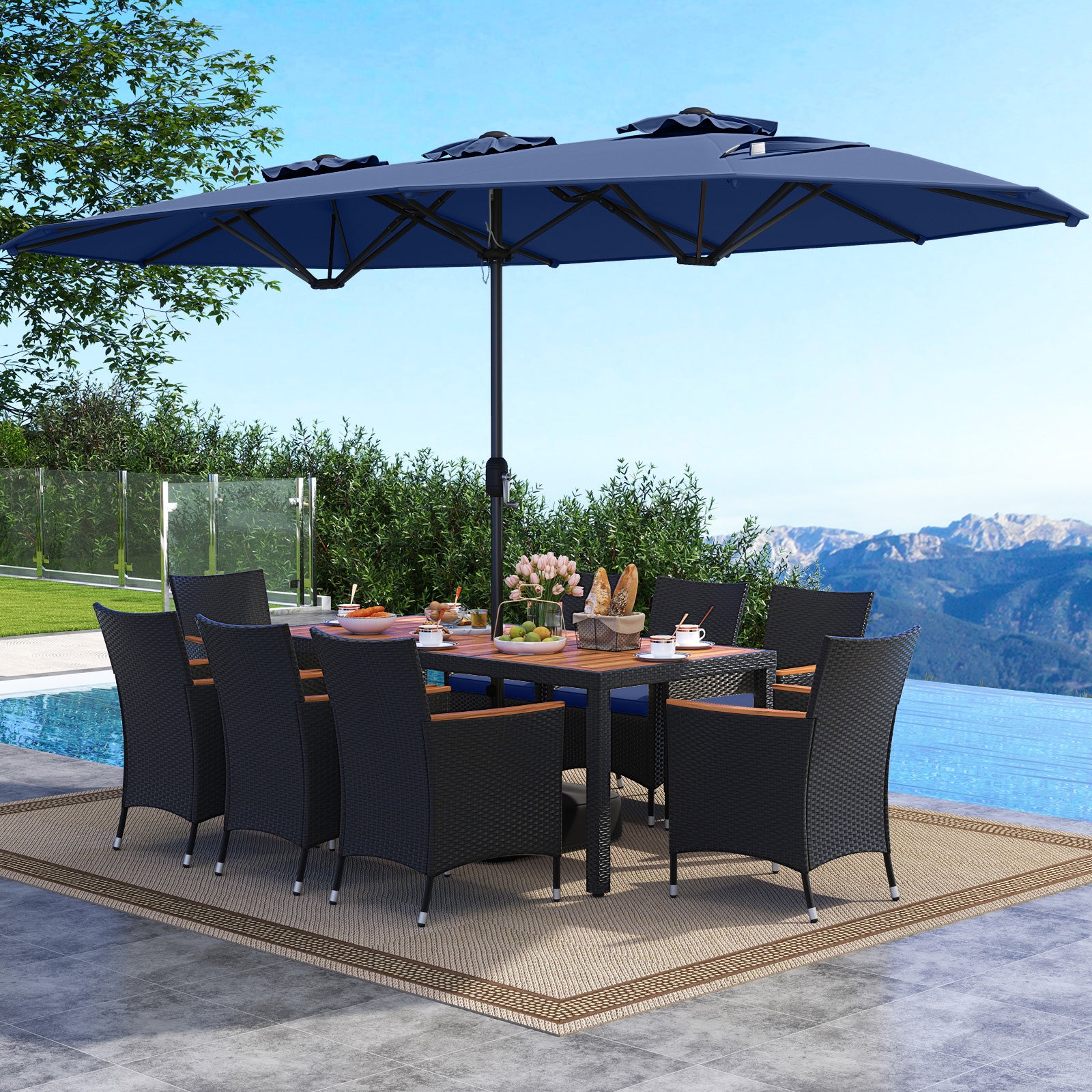 10 Piece Outdoor Patio Dining Set with 15 Feet Double-Sided Twin Umbrella-Navy
