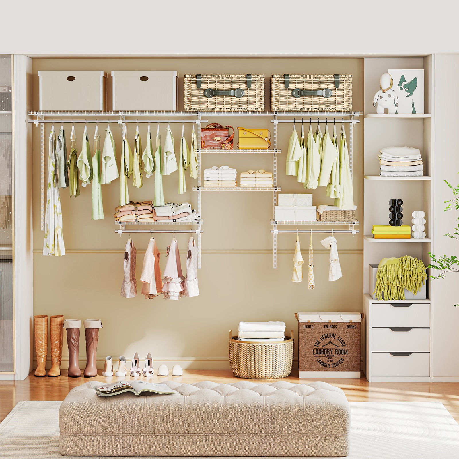 4-8 Feet Closet Organizers and Storage System with Hanging Rod for Laundry Bedroom-White