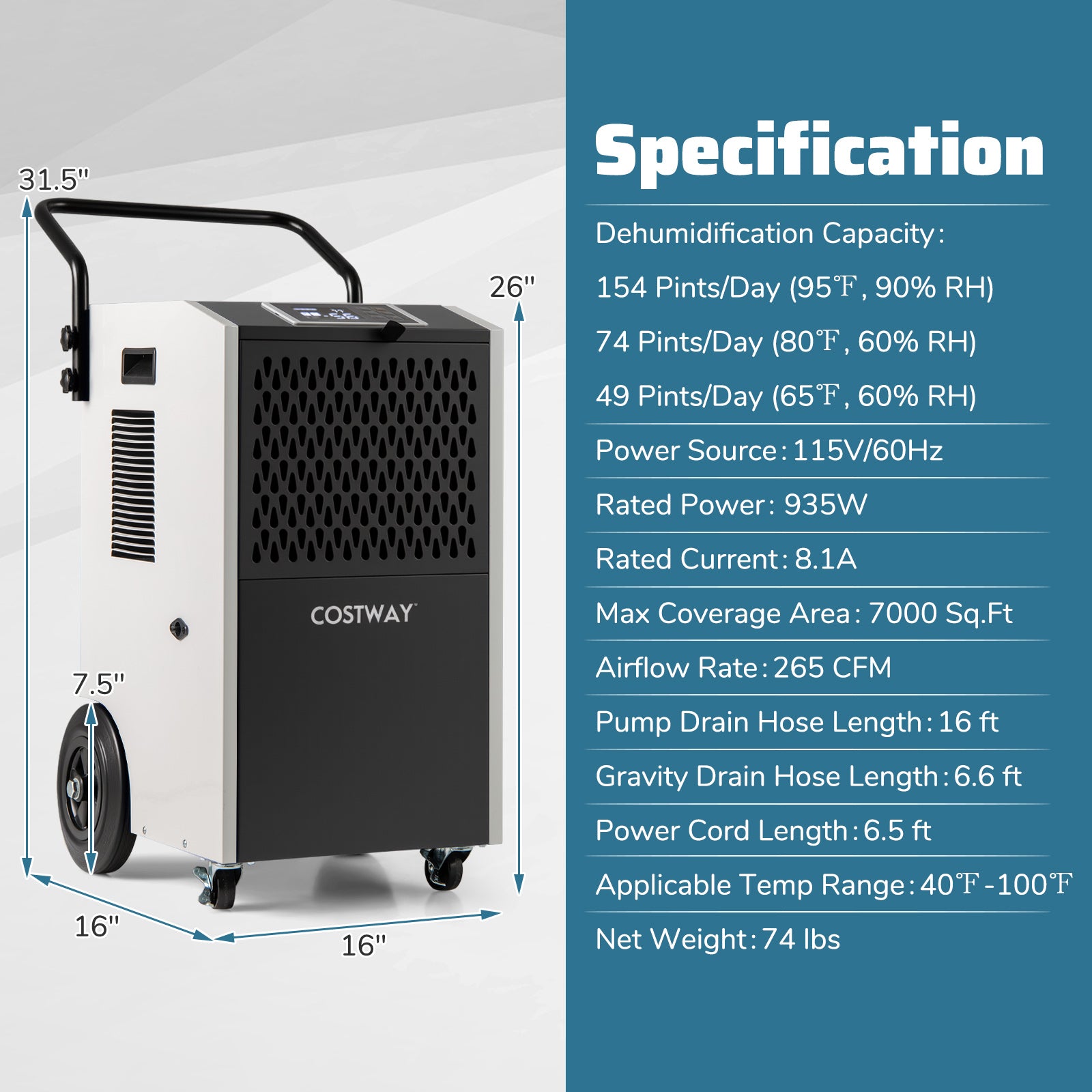 154 Pints Commercial Dehumidifier with Pump and Drain Hoses-White